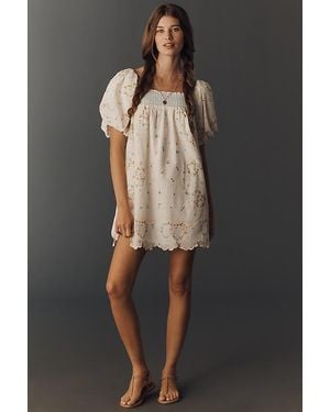 By Anthropologie Embroidered Puff-Sleeve Babydoll Dress - Black