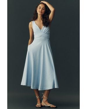 Maeve Sleeveless V-Neck Stripe Seersucker Midi Dress - Blue