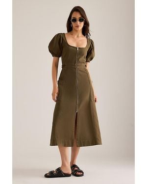 By Anthropologie Puff-Sleeve Zip-Front Denim Midi Dress - Natural