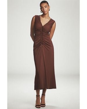 Maeve Sleeveless V-Neck Studded Ruched Midi Dress - Brown