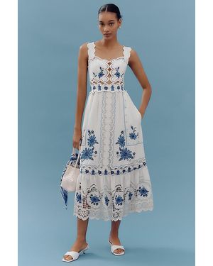 FARM Rio Cross-Stitch Richelieu Linen Dress - Blue