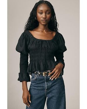 By Anthropologie Long-Sleeve Smocked Babydoll Top - Blue