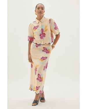 By Anthropologie Cotton-Linen Floral Scallop Maxi Skirt - Multicolour
