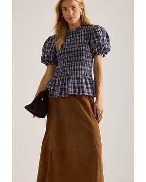 By Anthropologie Check Smocked Puff-Sleeve Top - Blue