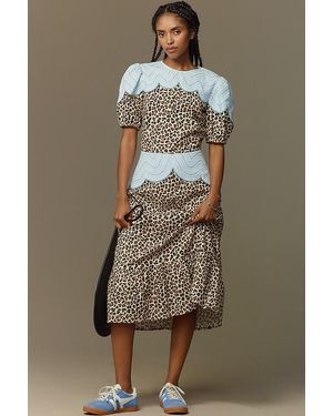 Stella Nova Puff-Sleeve Leopard Midi Dress - Green