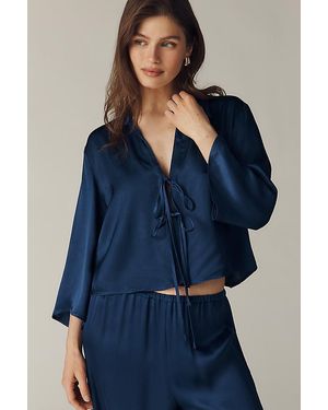 Maeve Long-Sleeve Silky Tie-Front Top - Blue