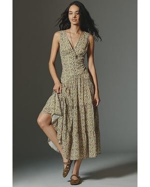 By Anthropologie Sleeveless V-Neck Tiered A-Line Midi Dress - Multicolour