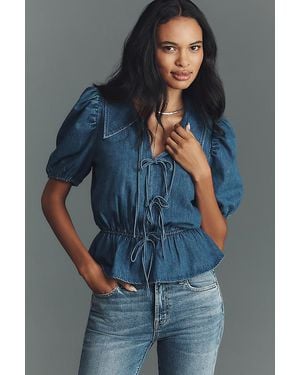Mare Mare Puff-Sleeve Peplum Denim Top - Blue