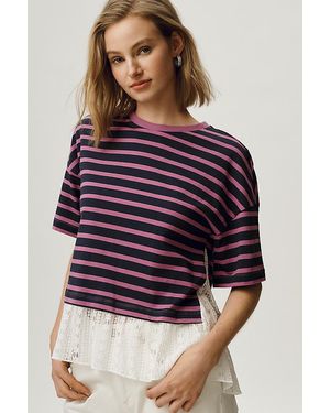 Maeve Stripe Lace Hem T-Shirt - Purple