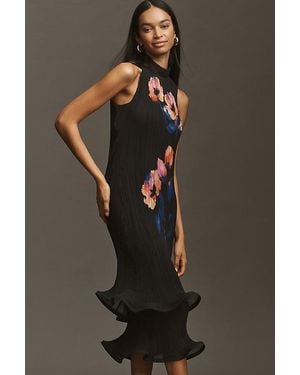 By Anthropologie Sleeveless Mock-Neck Plissé Midi Dress - Black