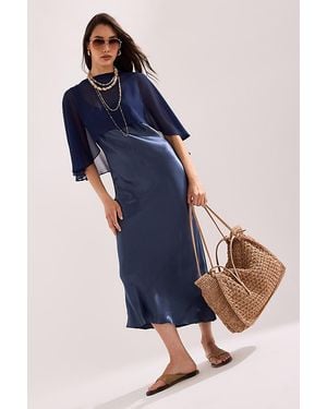 By Anthropologie Casey Cape Overlay Satin Midi Dress - Blue
