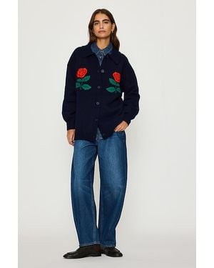 The Tiny Big Sister Roses 100% Wool Oversized Cardigan - Blue