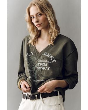 Pilcro V-Neck Graphic Sweatshirt - Grey