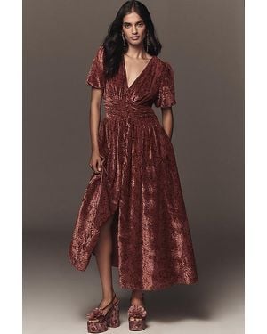 By Anthropologie The Katerina Button-Front Dress: Velvet Edition - Brown