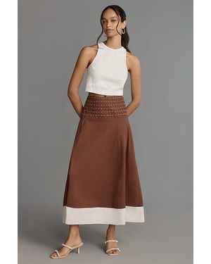 By Anthropologie Linen Smocked-Waist Colourblock Midi Skirt - Brown