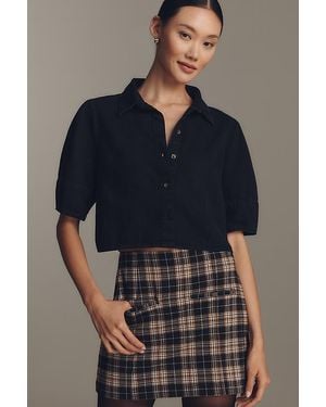 Pilcro Lantern-Sleeve Collared Crop Blouse - Blue