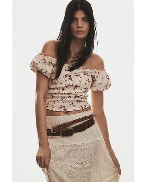 By Anthropologie Puff-Sleeve Off-The-Shoulder Corset Top - Brown