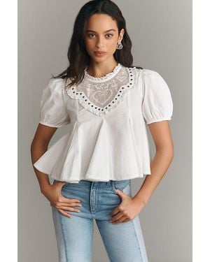 Maeve Puff-Sleeve Studded Placket Blouse - White