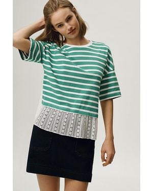 Maeve Stripe Lace Hem T-Shirt - Green