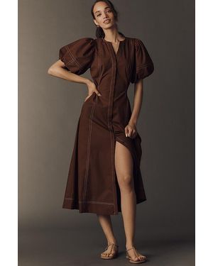 Exquise Stitched Puff-Sleeve Midi Dress - Brown