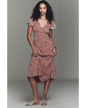 Exquise V-Neck Flutter-Sleeve Midi Dress - Grey