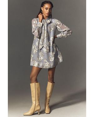 Maeve Long-Sleeve Tie-Neck Jacquard Tunic Mini Dress - Grey