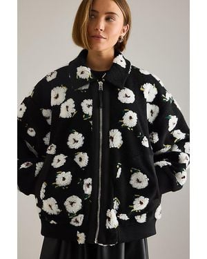 By Anthropologie Floral Sherpa Fleece Bomber Jacket - Black