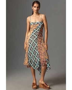 Maeve Sleeveless Asymmetric Plaid Mix Midi Dress - Grey