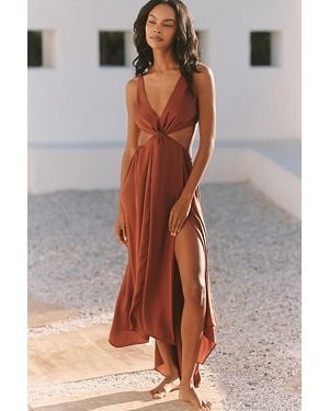 Celandine V-Neck Twist-Front Satin Midi Dress - Brown