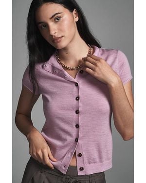 Pilcro Merino Wool Mock-Neck Short-Sleeve Cardigan - Purple