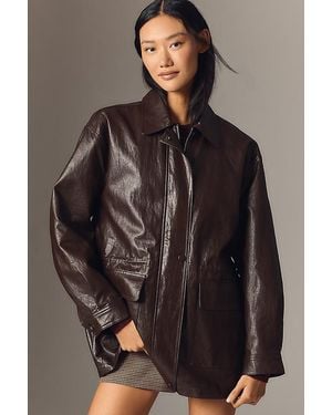 By Anthropologie Cinched-Waist Faux-Leather Jacket - Brown