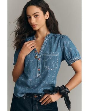 Pilcro The Aly Denim Puff-Sleeve Heart Blouse By - Blue