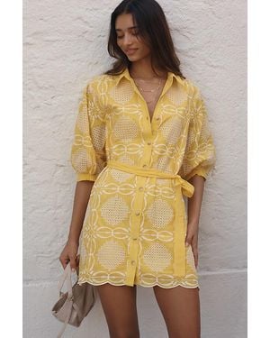 Maeve The Mona Embroidered Mini Shirt Dress By - Yellow