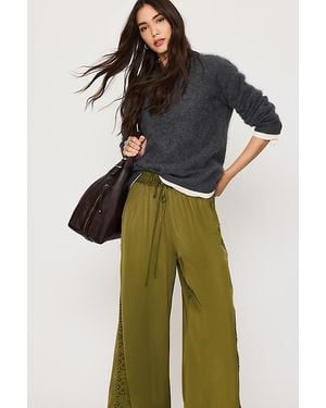 By Anthropologie Satin Lace Wide-Leg Trousers - Green
