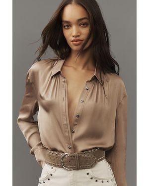 Pilcro Cropped Satin Buttondown Blouse - Brown