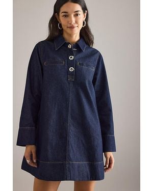 By Anthropologie Denim Long-Sleeve Eyelet Mini Dress - Blue