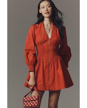 By Anthropologie The Tommie Smocked Front-Zip Shirt Dress: Long-Sleeve Mini Edition - Red