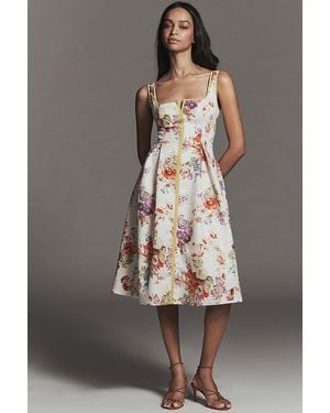 Maeve Square-Neck Piped Floral Midi Dress - Grey