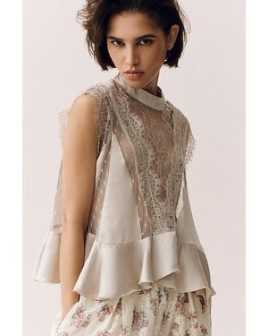 By Anthropologie Sheer Lace Peplum Blouse - Natural