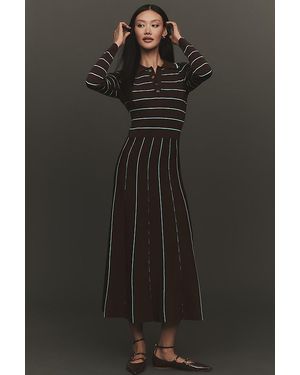 Siempre X Anthropologie Collared Long-Sleeve A-Line Midi Dress - Black