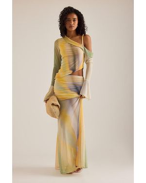 Feners Susurro Ruched Drop-Waist Mesh Maxi Skirt - Natural