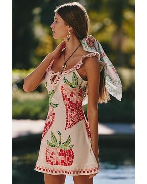 Celandine Strawberry Embroidered Open-Back Mini Dress - Green