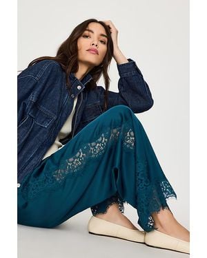 By Anthropologie Satin Lace Wide-Leg Trousers - Blue