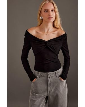 Anthropologie Long-Sleeve Twist-Front Bardot Top - Black