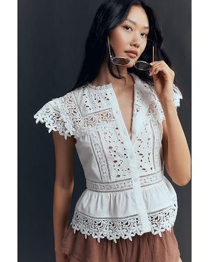 By Anthropologie Sleeveless High-Neck Lace-Inset Blouse - Blue