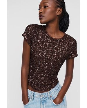 Maeve Sequin Muscle T-Shirt - Brown