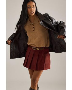 Maeve Pleated Faux-Suede Mini Skort - Brown