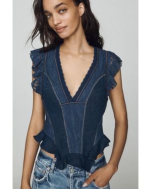 By Anthropologie Lace Flutter-Sleeve Top - Blue