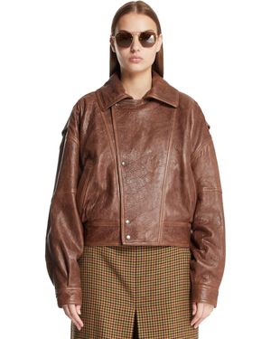 Saint Laurent Leather Short Bomber With Zip - Brown