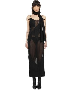 Yehuafan Sheer Wool Linen Patchwork Dress - Black